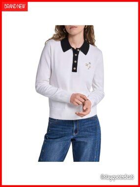 Rivet Detail Collared Button Long Sleeve Sweater Combed Cotton